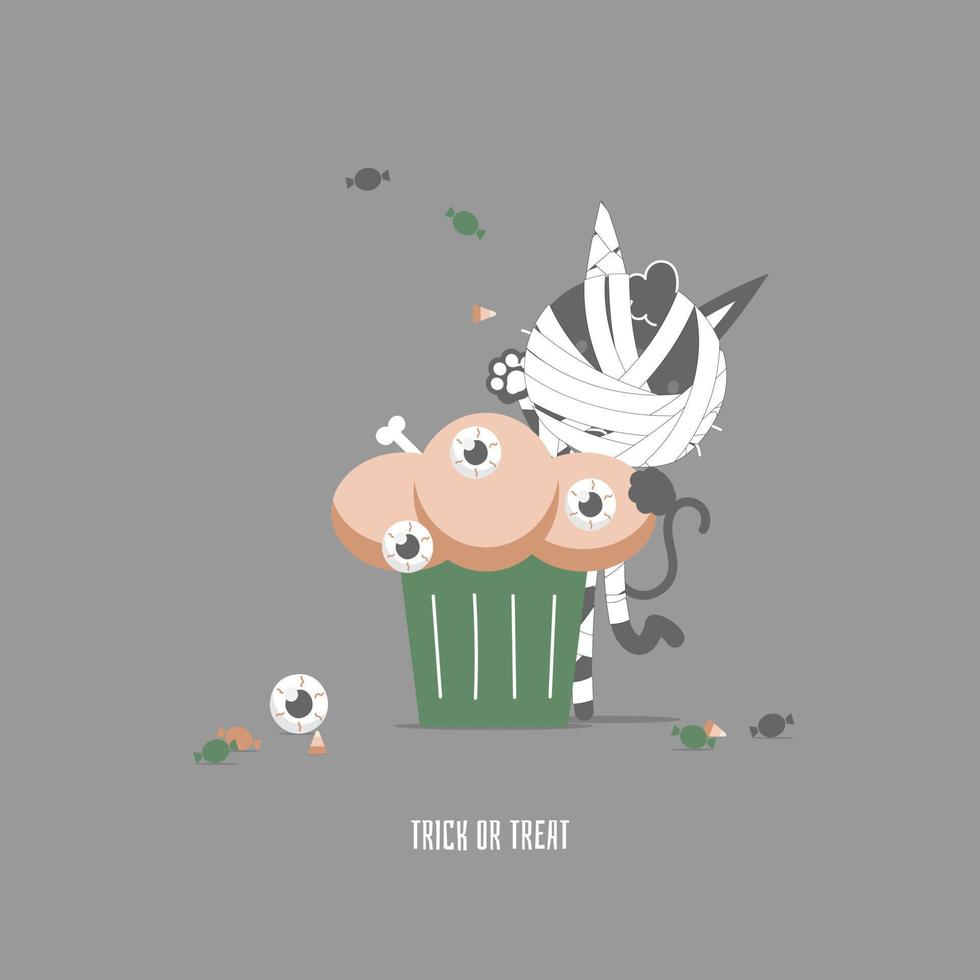 feliz festival de vacaciones de halloween con lindo gato momia y cupcake de globo ocular, diseño de personajes de dibujos animados de ilustración vectorial plana vector