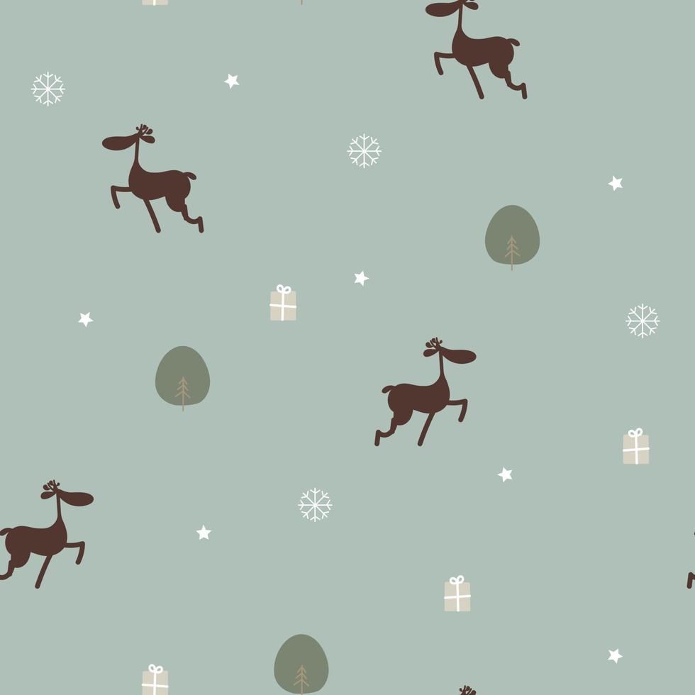 seamless merry christmas and happy new year with reindeer, star, gift present, snowflake, tree winter season repeat pattern in green background, vintage pastel color, flat vector illustration cartoon