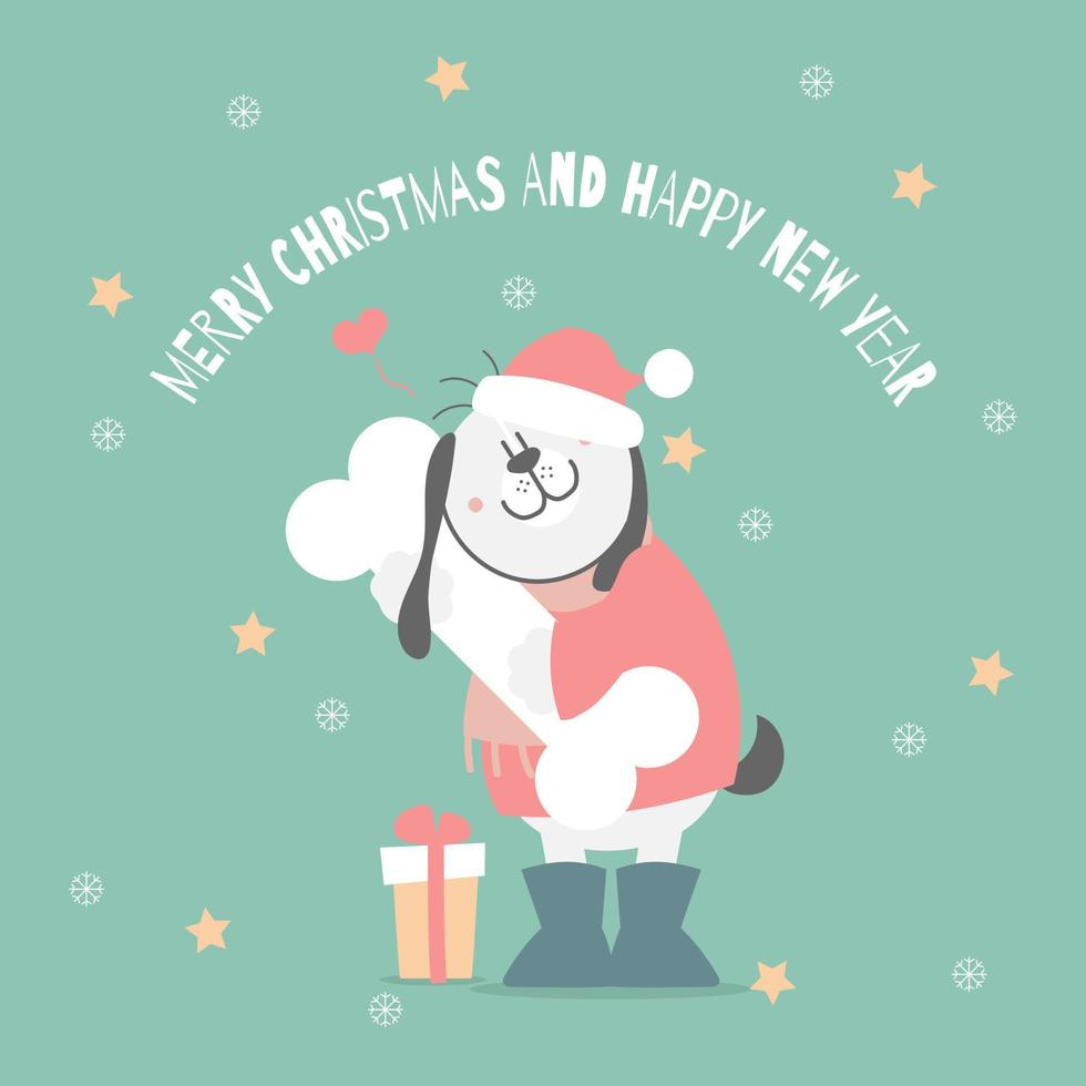 feliz navidad y feliz año nuevo con lindo perro en la temporada de invierno fondo verde, ilustración de vector plano diseño de vestuario de personaje de dibujos animados