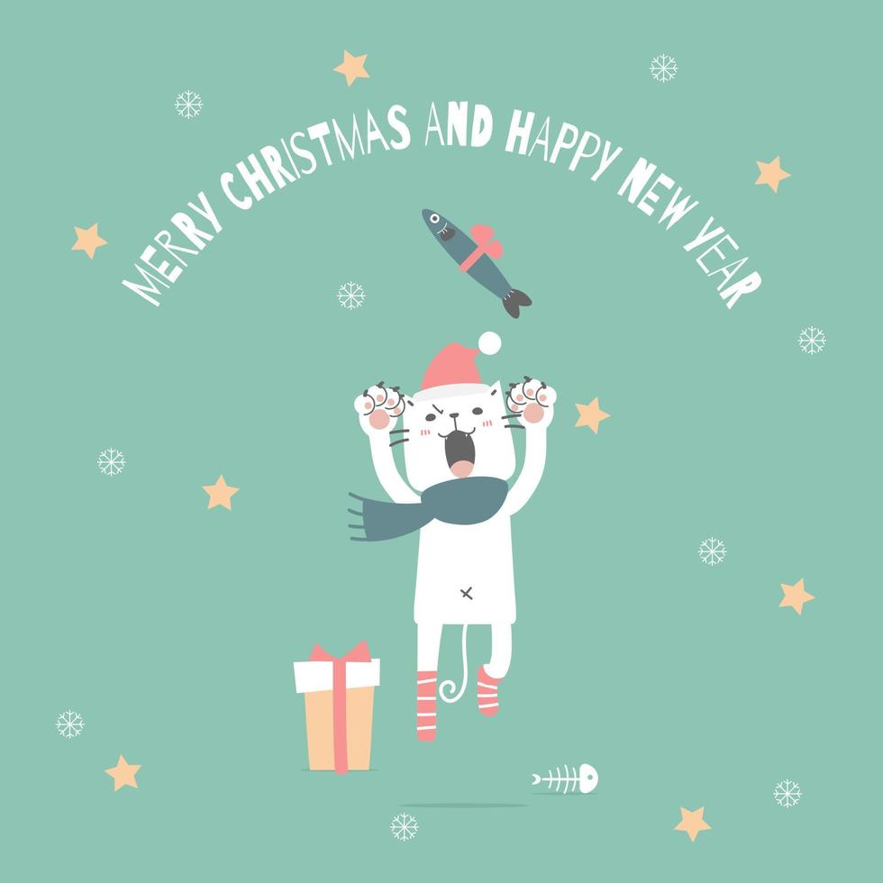 feliz navidad y feliz año nuevo con lindo gato blanco en la temporada de invierno fondo verde, ilustración vectorial plana diseño de vestuario de personaje de dibujos animados vector