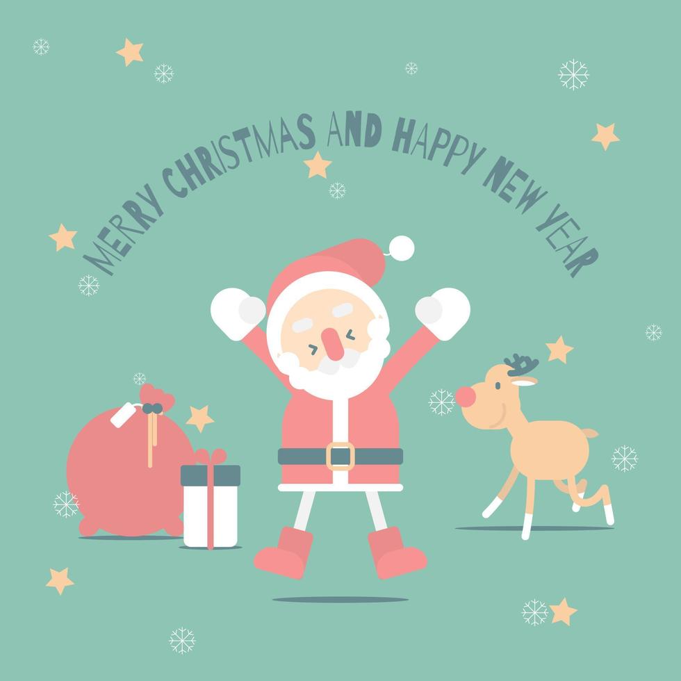 merry christmas and happy new year with cute santa claus, snowflake, star, reindeer in the winter season green background, flat vector illustration cartoon character costume design