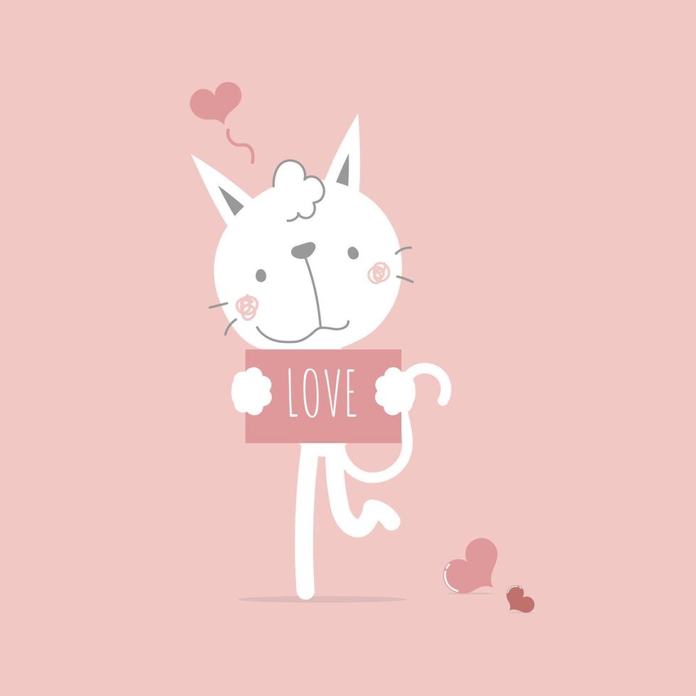 lindo y encantador gato dibujado a mano sosteniendo papel, feliz día de San Valentín, cumpleaños, concepto de amor, diseño de personaje de dibujos animados de ilustración de vector plano aislado