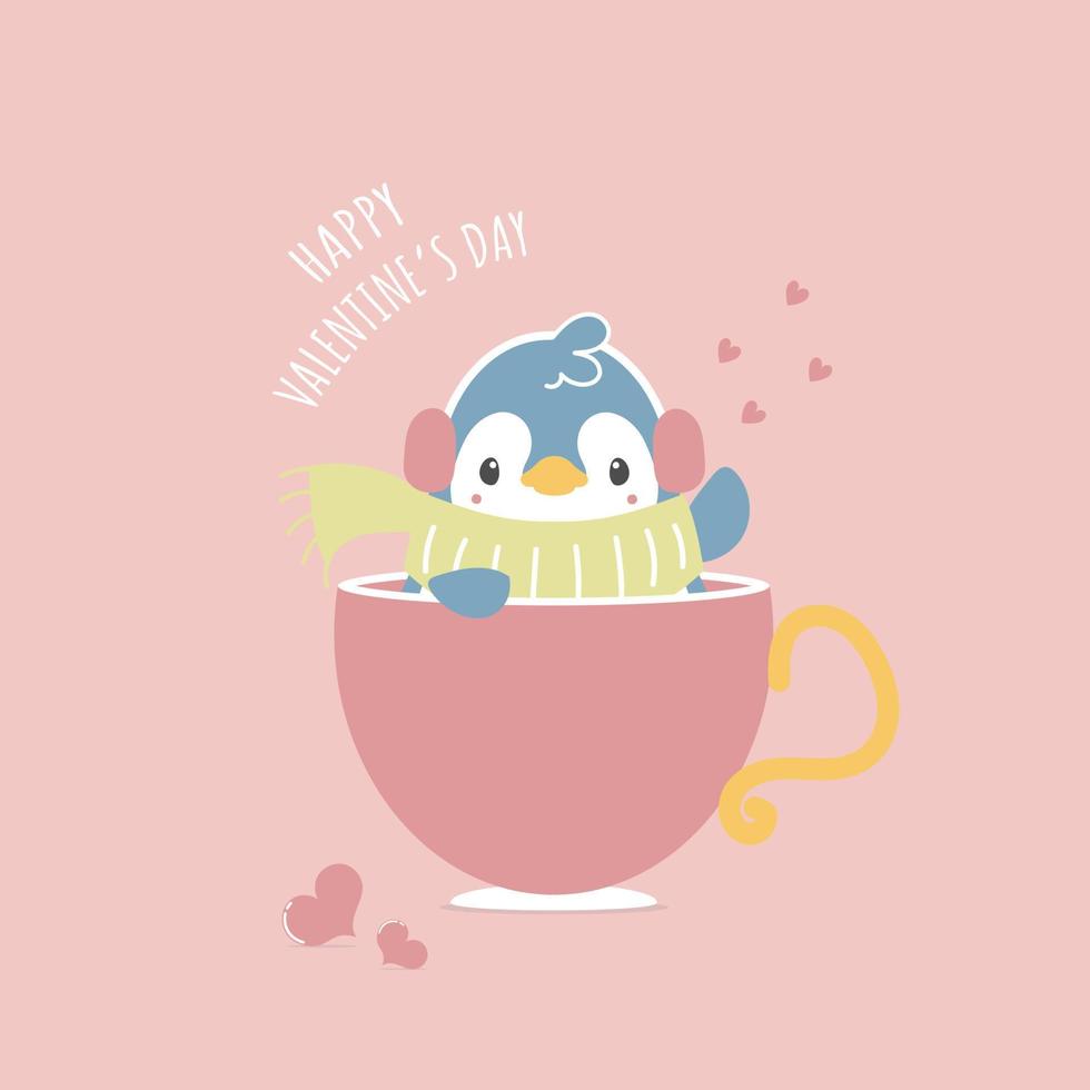 lindo y encantador pingüino dibujado a mano en taza rosa, feliz día de San Valentín, concepto de amor, diseño de vestuario de personaje de dibujos animados de ilustración vectorial plana vector