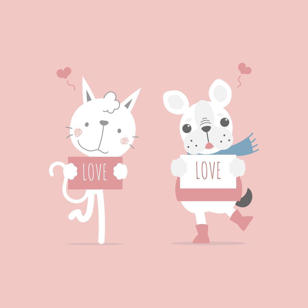 lindo y encantador gato y perro dibujados a mano sosteniendo papel con amor, feliz día de san valentín, diseño de vestuario de personaje de dibujos animados de ilustración vectorial plana vector