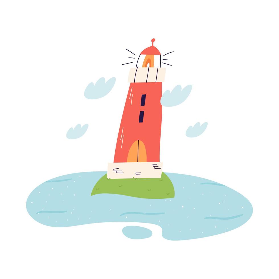 Cute lighthouse on island in the middle of sea or ocean, flat vector illustration isolated on white background. Cartoon coast building with navigation light.