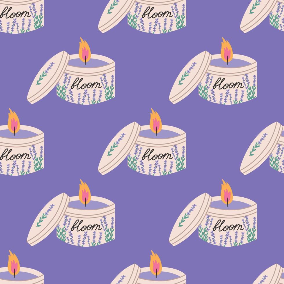 velas de lavanda en tarro, patrón sin costuras, ilustración de vector plano sobre fondo púrpura. lindas velas de aromaterapia con flores y aroma floral.