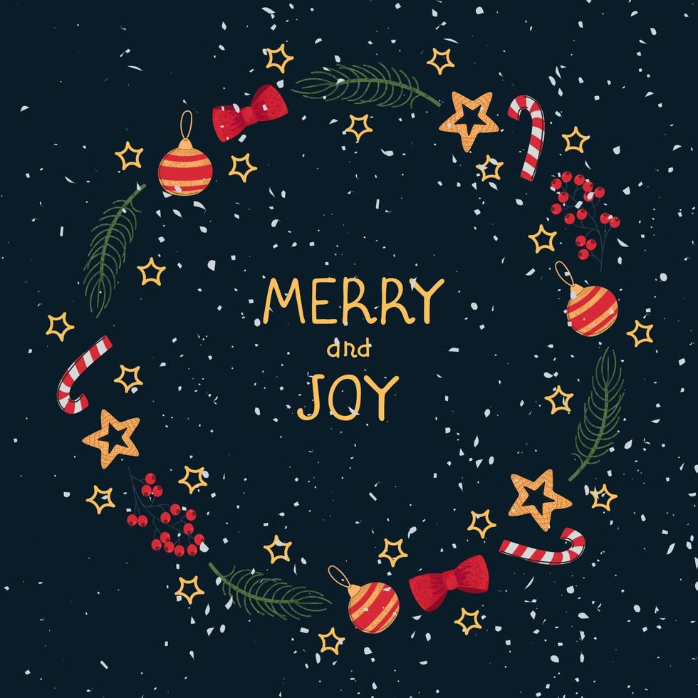 Vector Christmas wreath template with lettering Merry and Joy. Hand draw frame. Use as invitation, greeting card, poster, banner, Social Media design post, placard, brochure and other graphic design