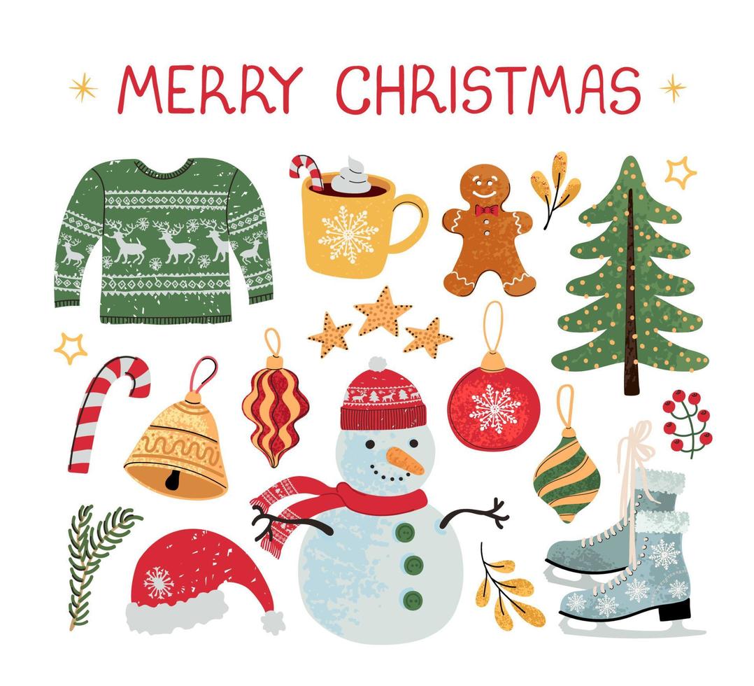 Vector modern colorful set with hand drawn doodle illustrations of Christmas objects and lettering, stickers. Use it as elements for design greeting cards , poster, card, packaging paper design