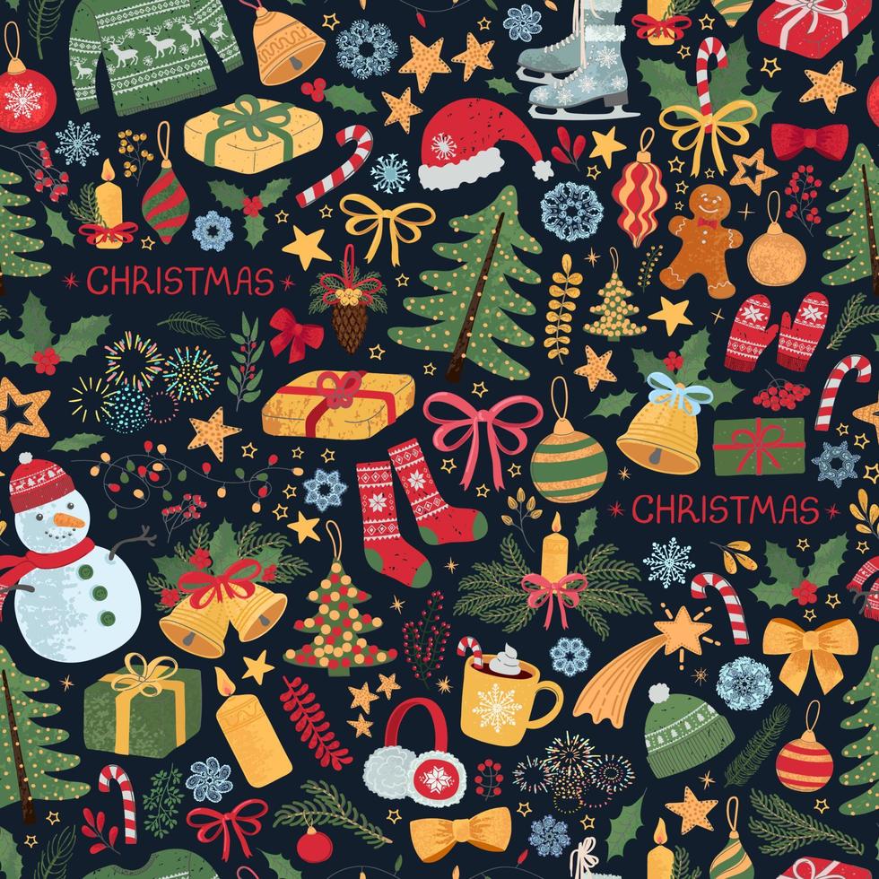 Vector seamless pattern with colorful illustrations of Christmas items. Use it for textile print, pattern fills, web page, wrapping paper, design of presentation and other graphic design