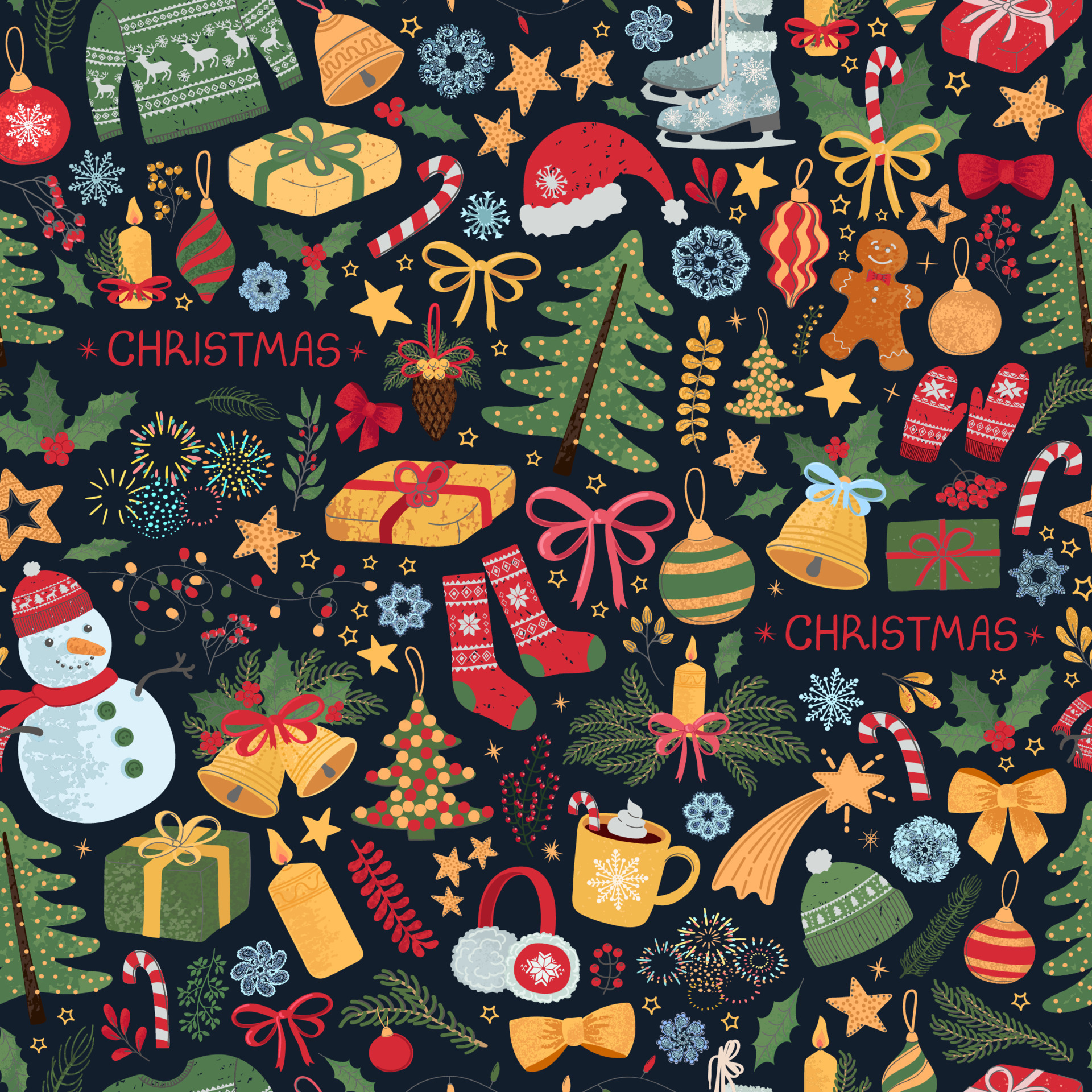 Vector seamless pattern with colorful illustrations of Christmas items ...