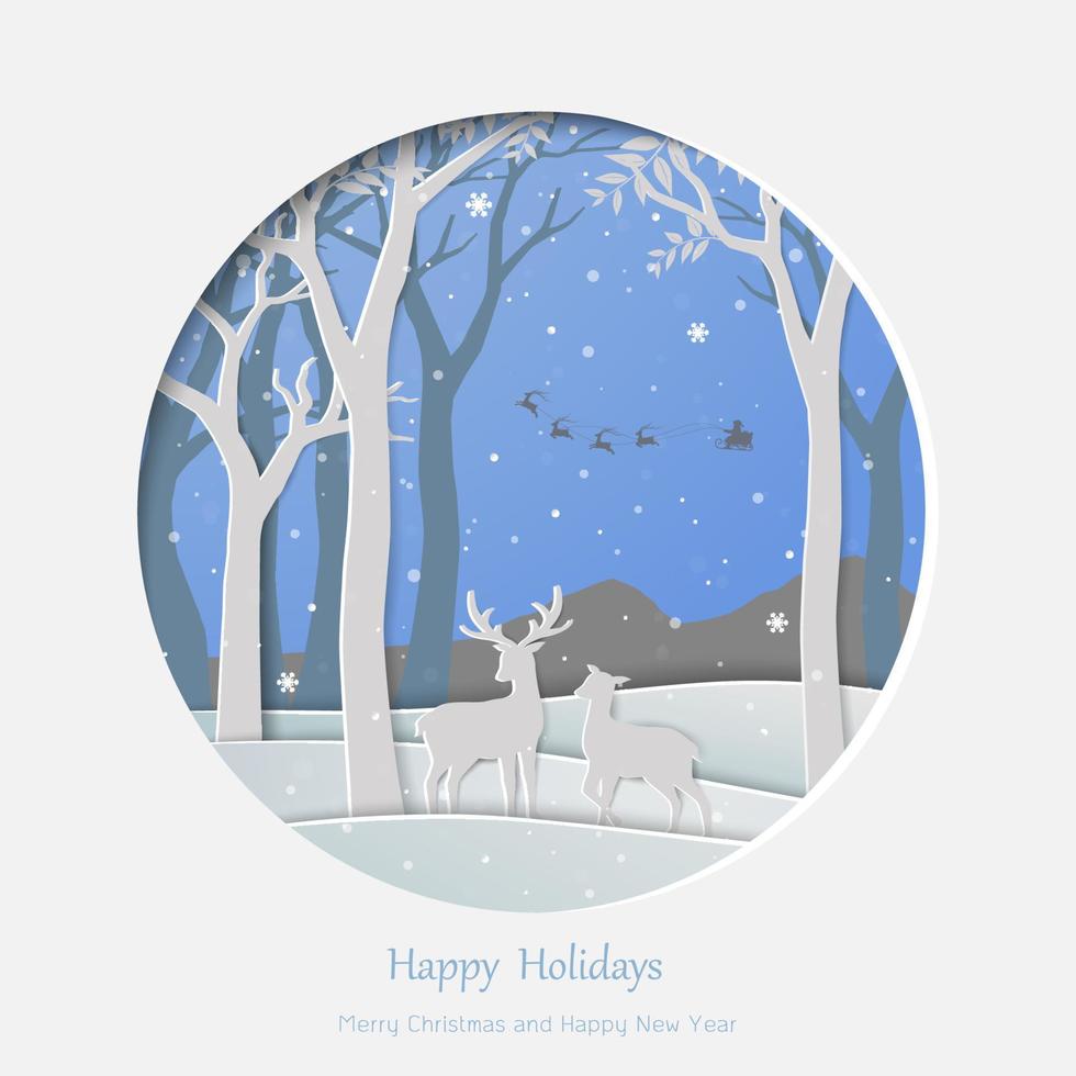feliz navidad y feliz año nuevo tarjeta de felicitación con paisaje invernal cortado en papel sobre fondo de forma circular vector