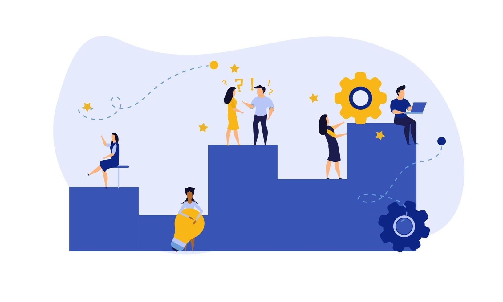 Achievement target career challenge vector flat illustration. People kpi walking steps to direction. Job journey business success leader ambition. Goal progress up climbing performance banner