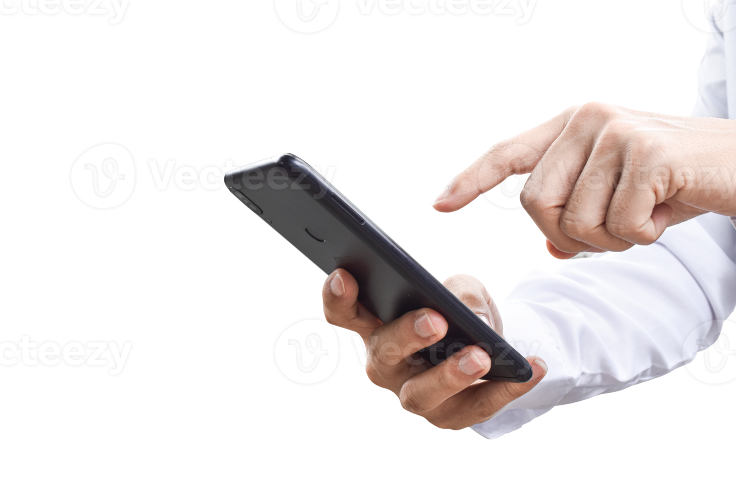 Close-up image of businessman hand holding mobile phone isolated. png