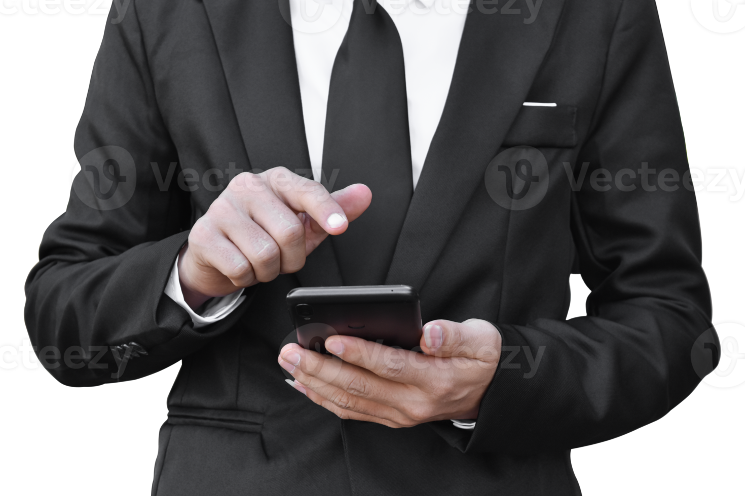 Close-up image of businessman hand holding mobile phone isolated. png