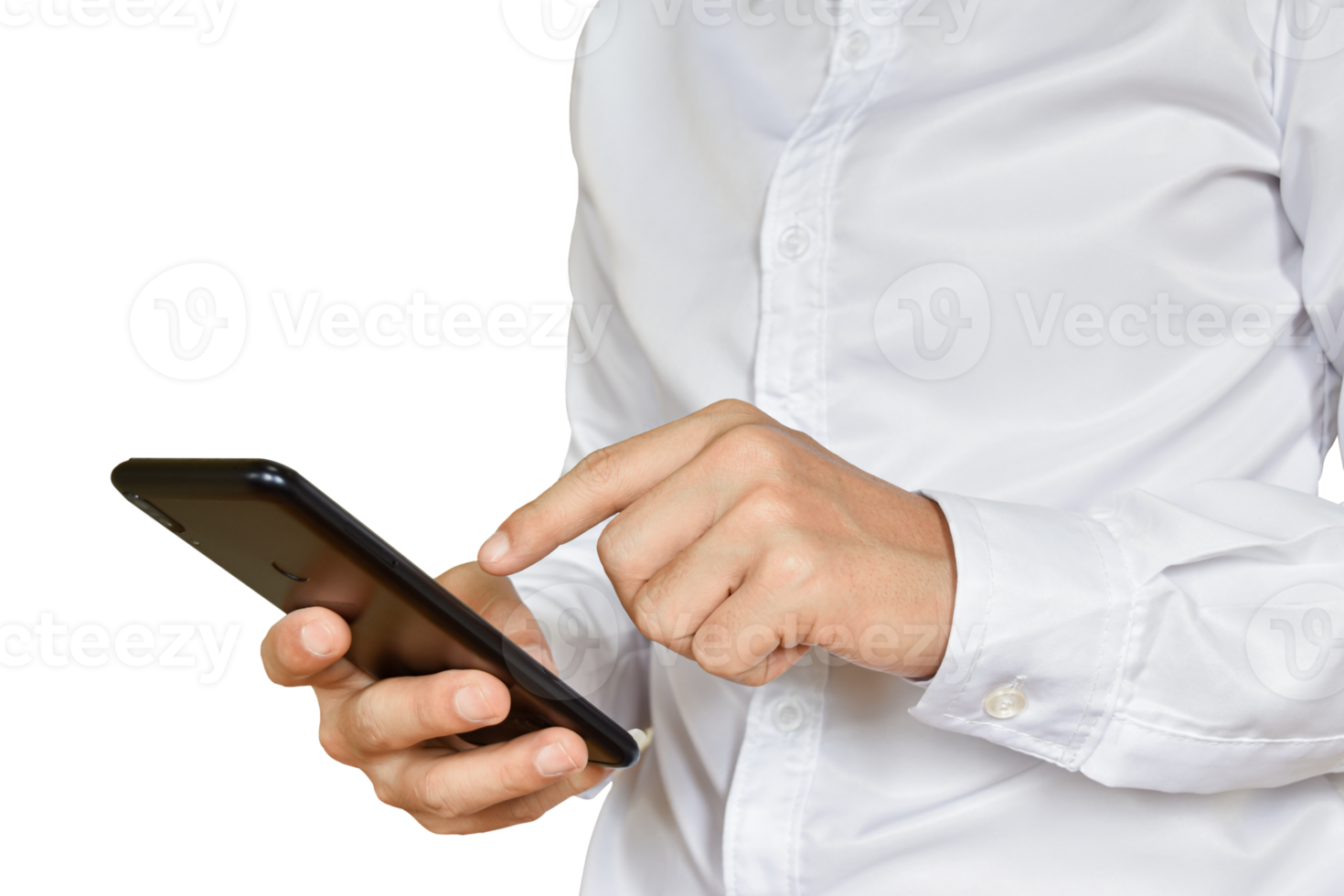 Close-up image of businessman hand holding mobile phone isolated. png