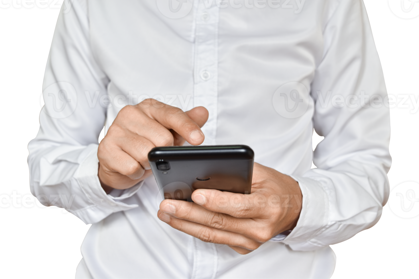 Close-up image of businessman hand holding mobile phone isolated. png