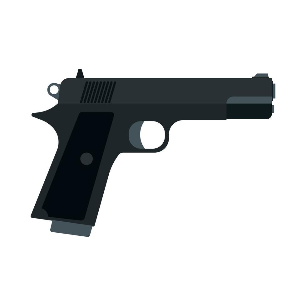 Pistol side view danger metal army graphic defense. Gun flat ammunition caliber 9mm vector icon. Handgun weapon police