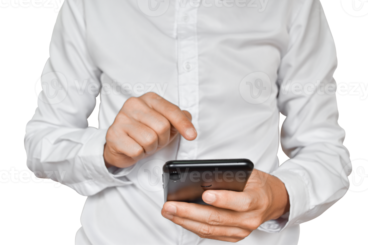 Close-up image of businessman hand holding mobile phone isolated. png