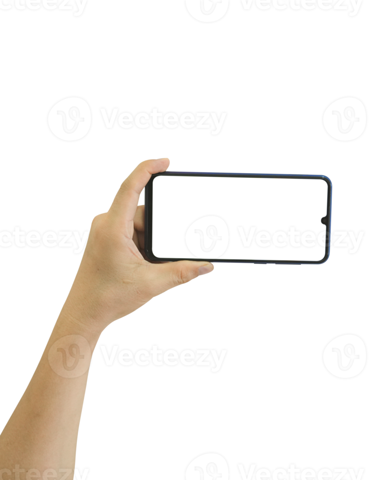 Hand holding smart phone with white blank screen isolated png