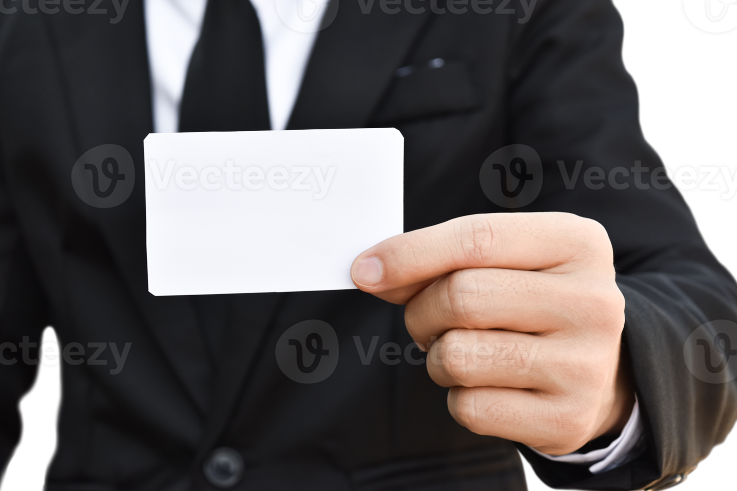 Businessman hand holding white business card isolated. png