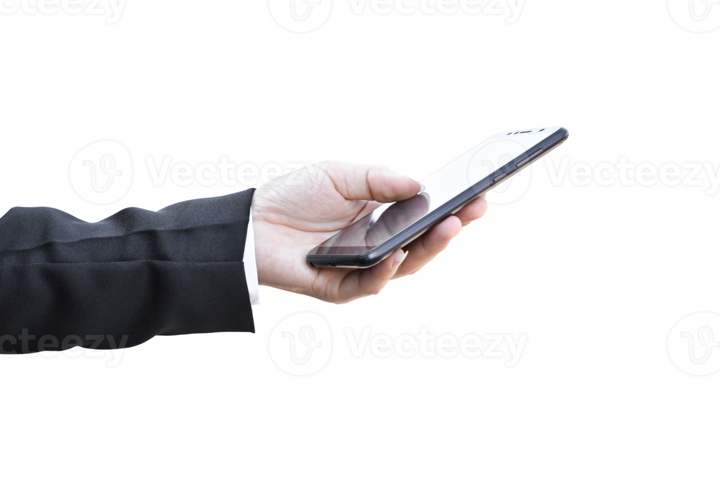 Close-up image of businessman hand holding mobile phone isolated. png