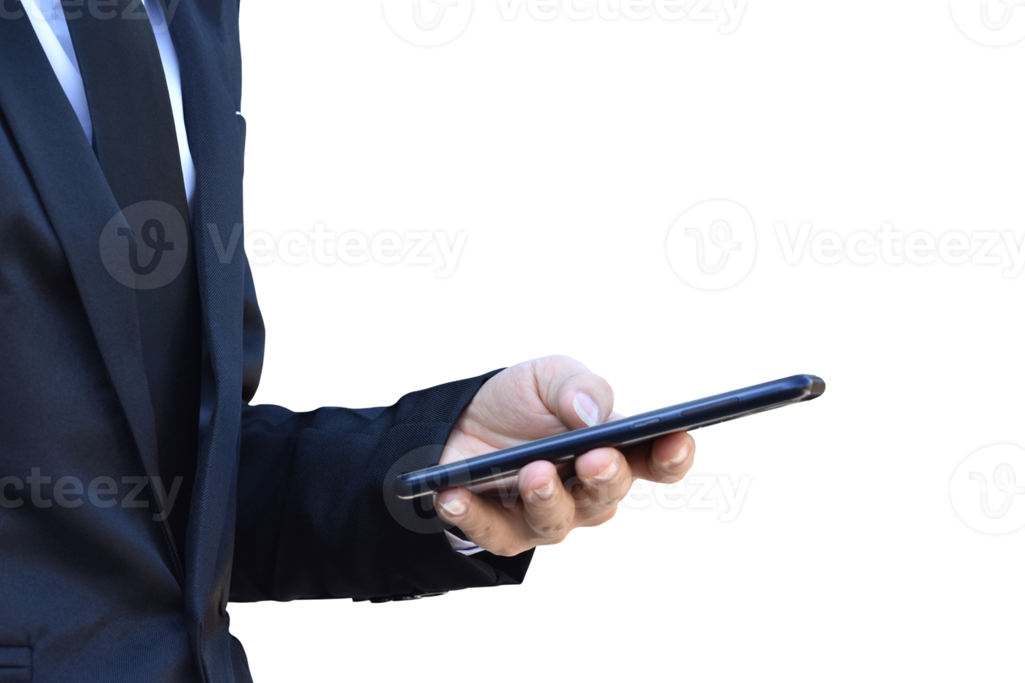 Close-up image of businessman hand holding mobile phone isolated. png