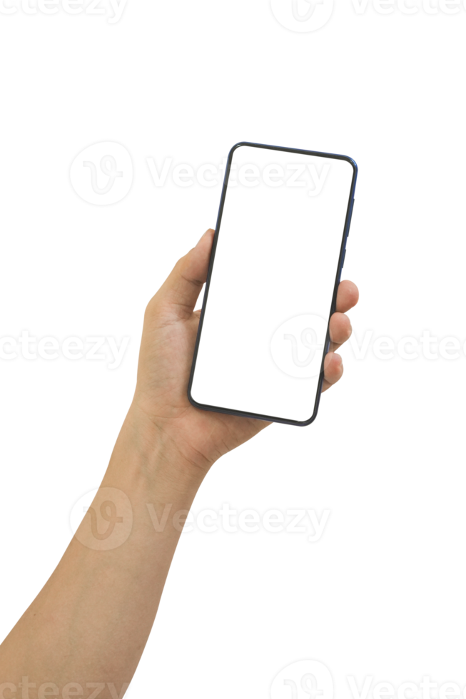 main tenant un téléphone intelligent avec écran blanc blanc isolé png