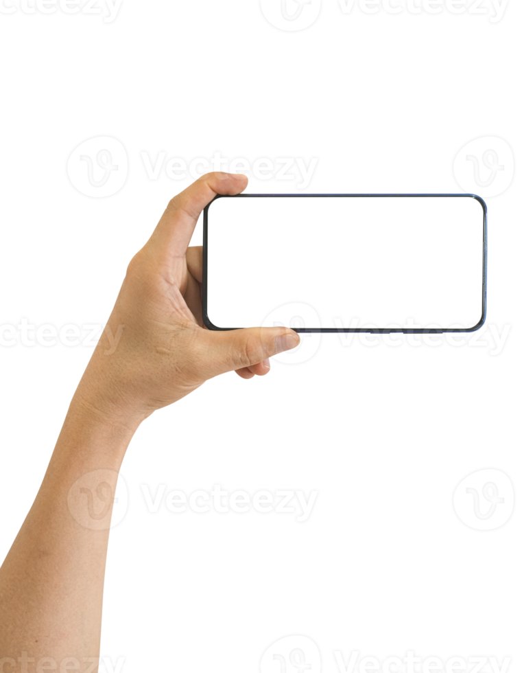 Hand holding smart phone with white blank screen isolated png