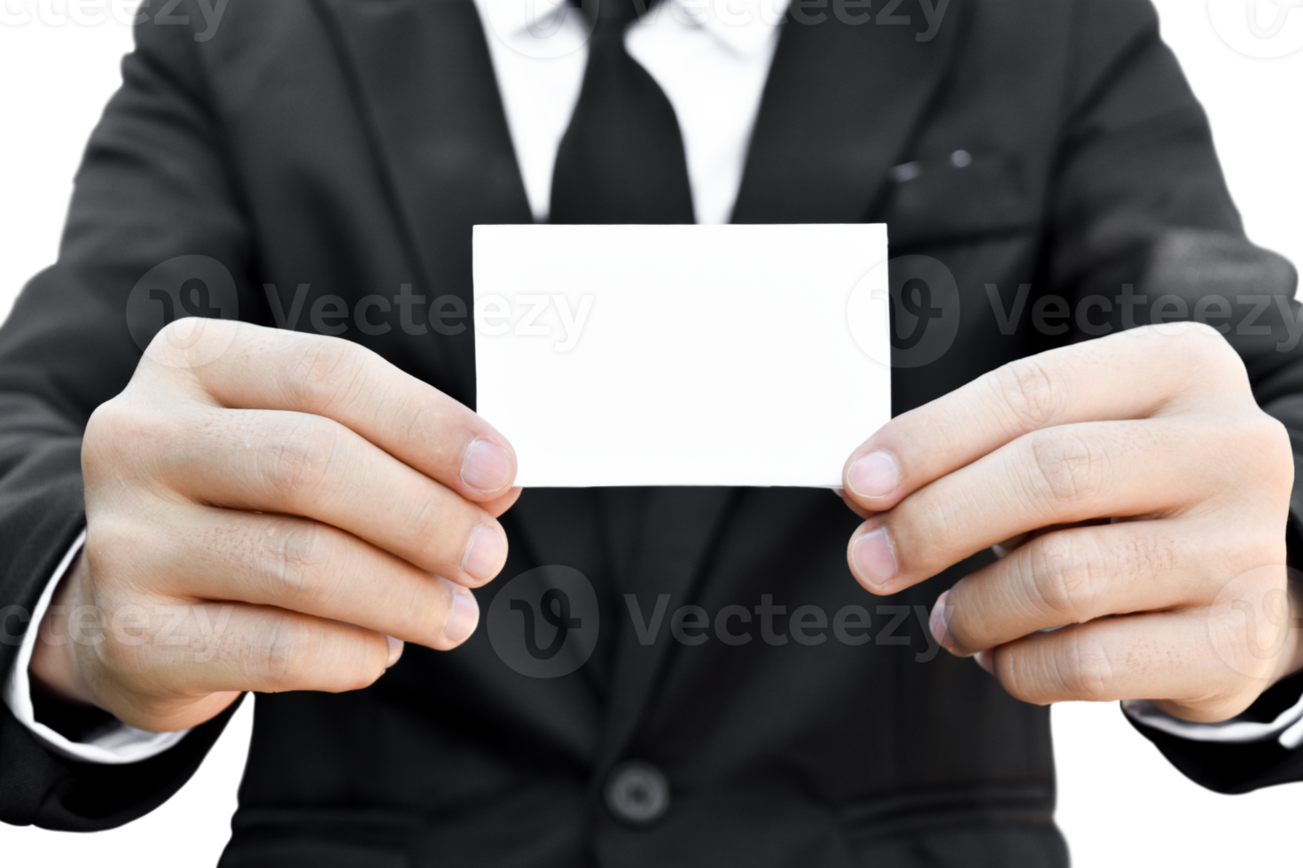 Businessman hand holding white business card isolated. png