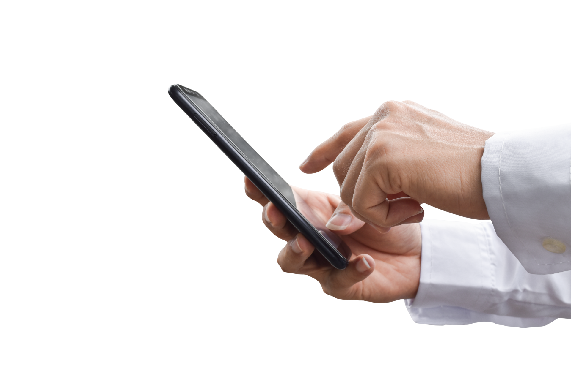 Closeup image of businessman hand holding mobile phone isolated
