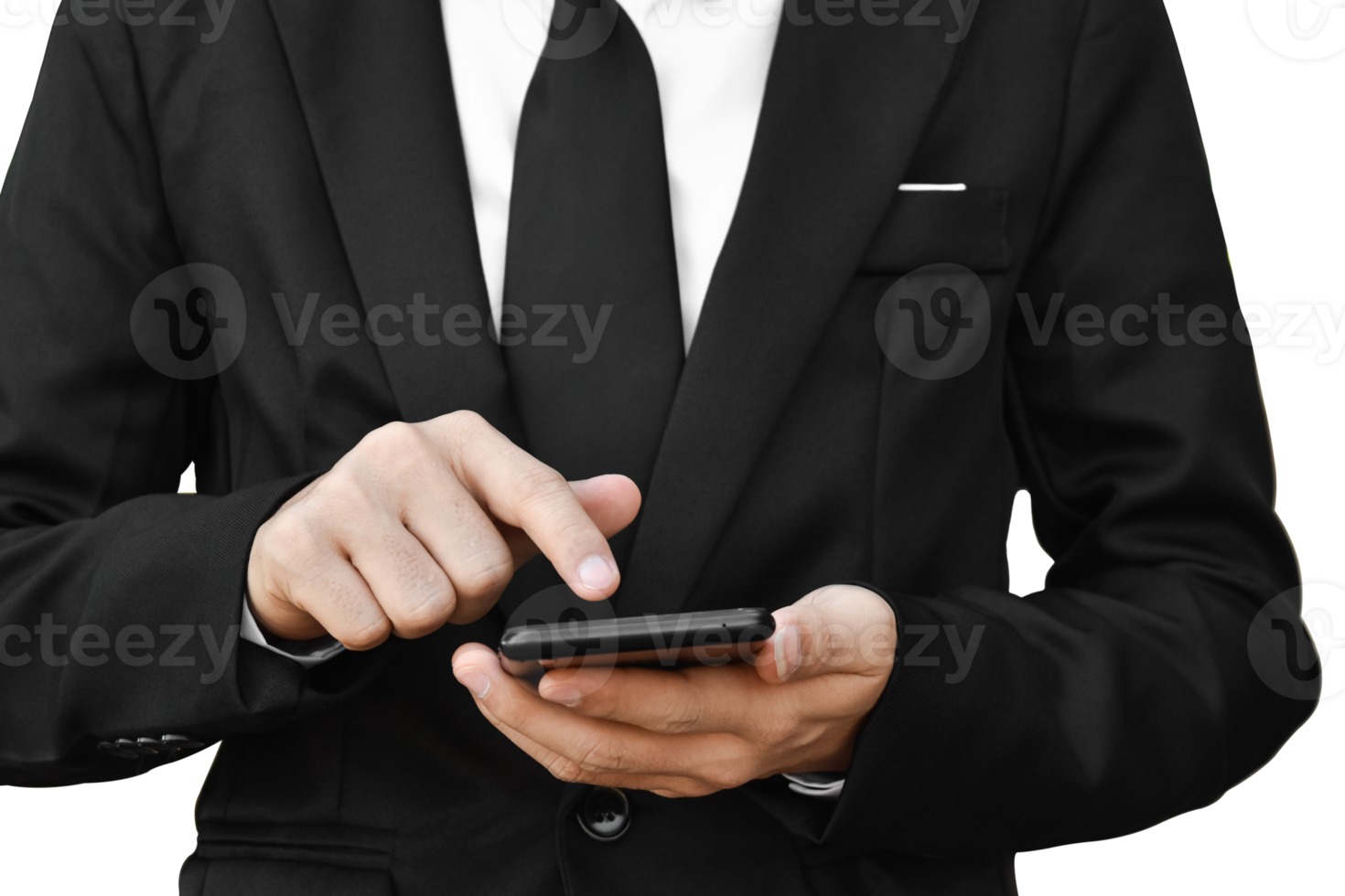 Close-up image of businessman hand holding mobile phone isolated. png