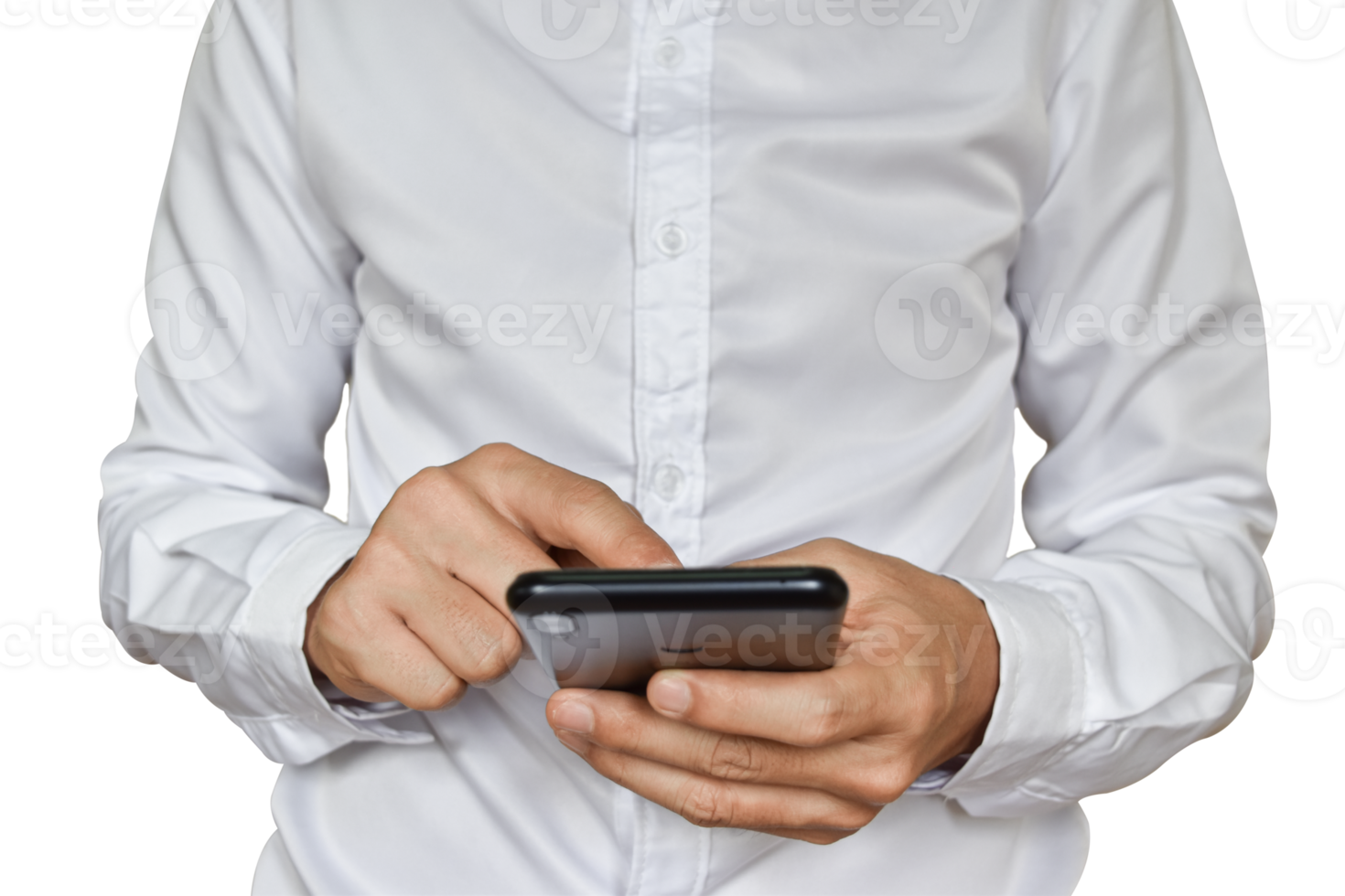 Close-up image of businessman hand holding mobile phone isolated. png