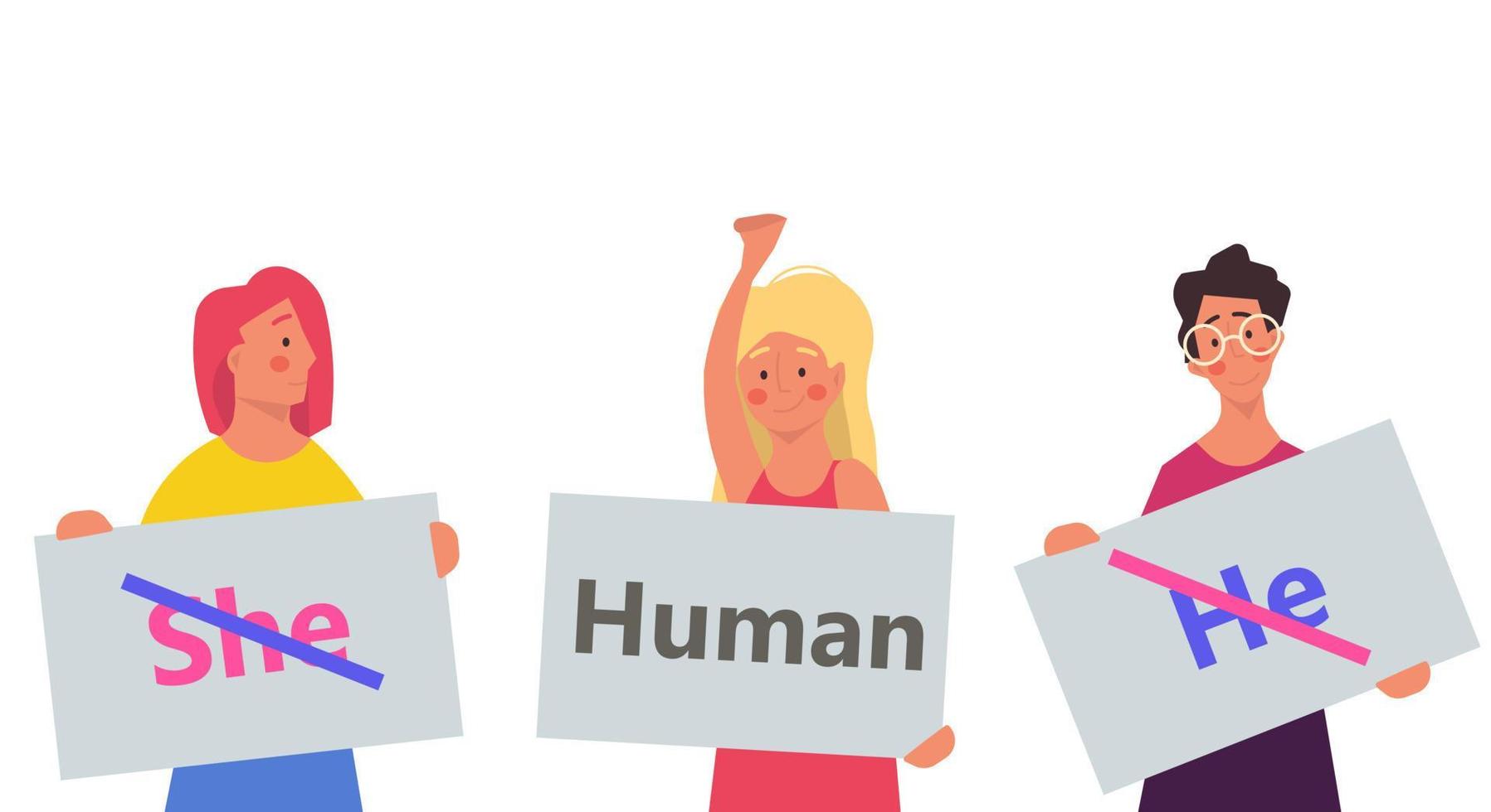 Gender neutral vector illustration person. He , she - human design symbol. Equality sex tolerance normal break. Unisex reveal norms character different. Identity right support background man and woman