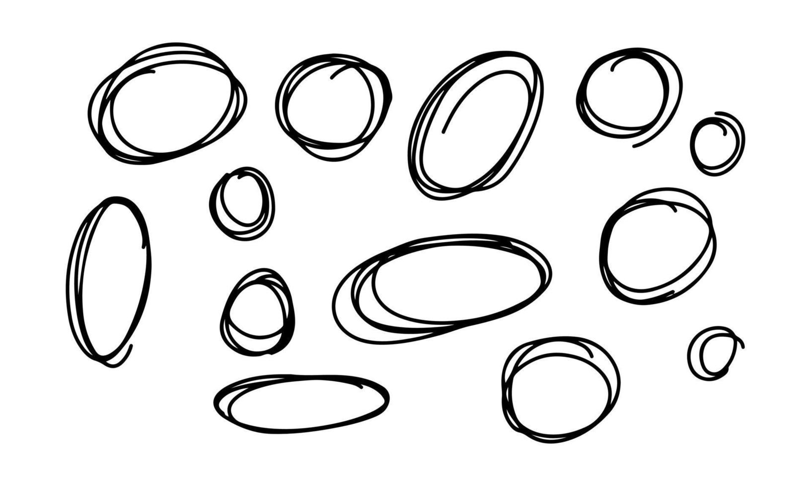 Circular doodle scribbles big set hand drawn. Design elements of outline curved lines ellipse frame. Vector illustration of decorative elements