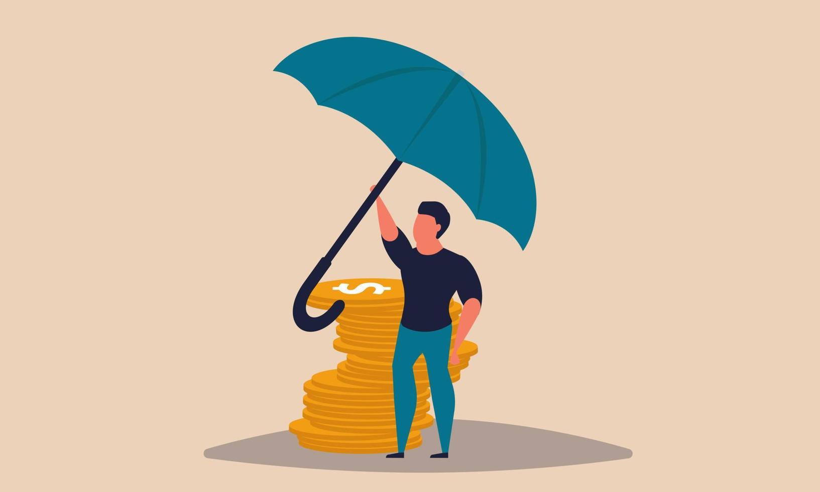 Insurance money and umbrella protect coin. Budget recovery and investment shield to business vector illustration concept. Assurance policy and entrepreneur financial protection. Dollar security care