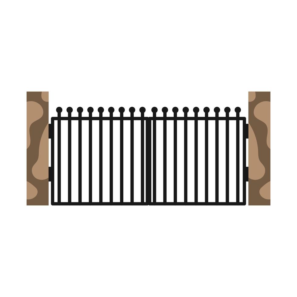 Gate with iron fence door and metal cartoon manor decoration. Front entrance from ironwork grid vector illustration. Old lattice wrought and classic frame ornament for park. Security steel structure