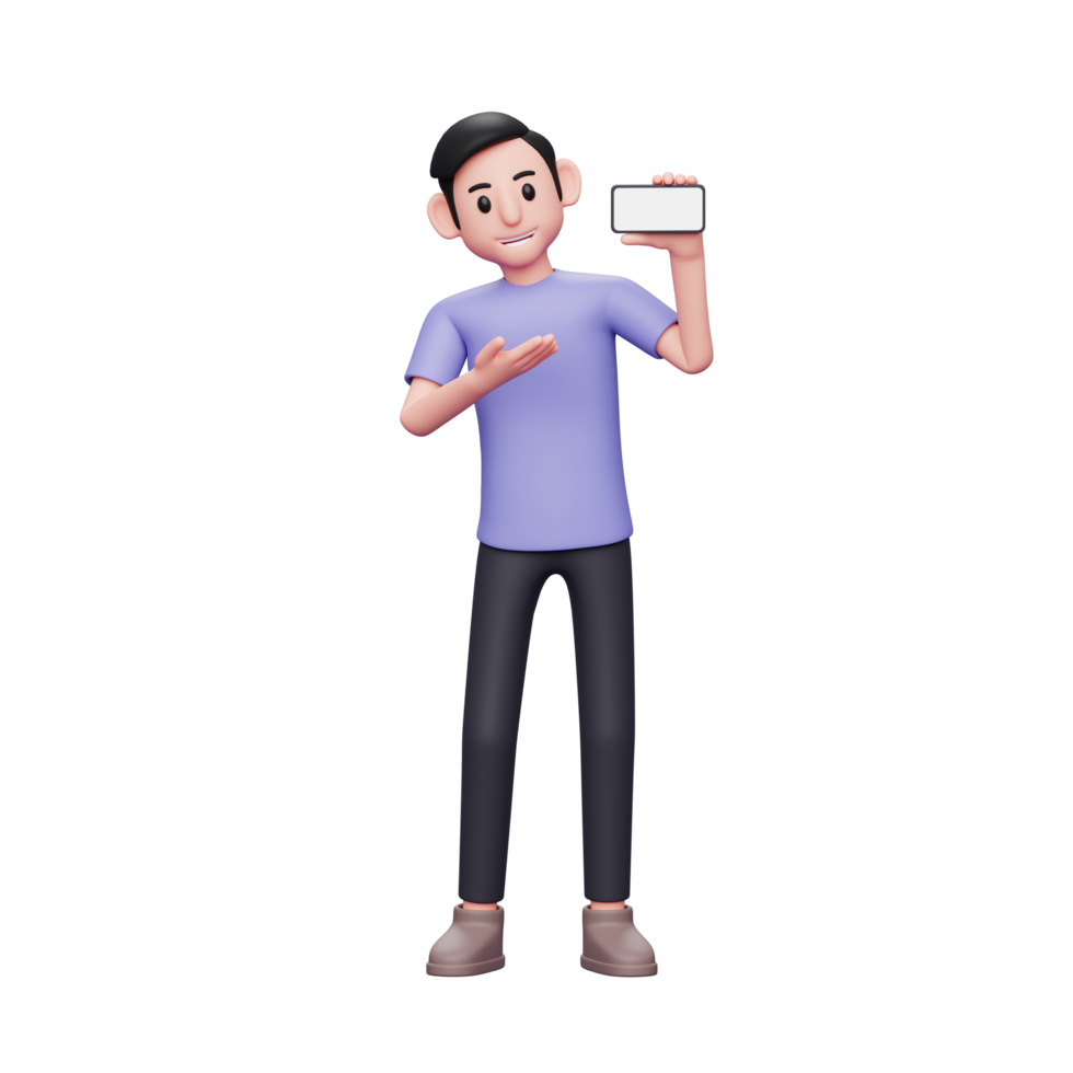 3d character illustration Casual man introduce or present something with a landscape phone screen png