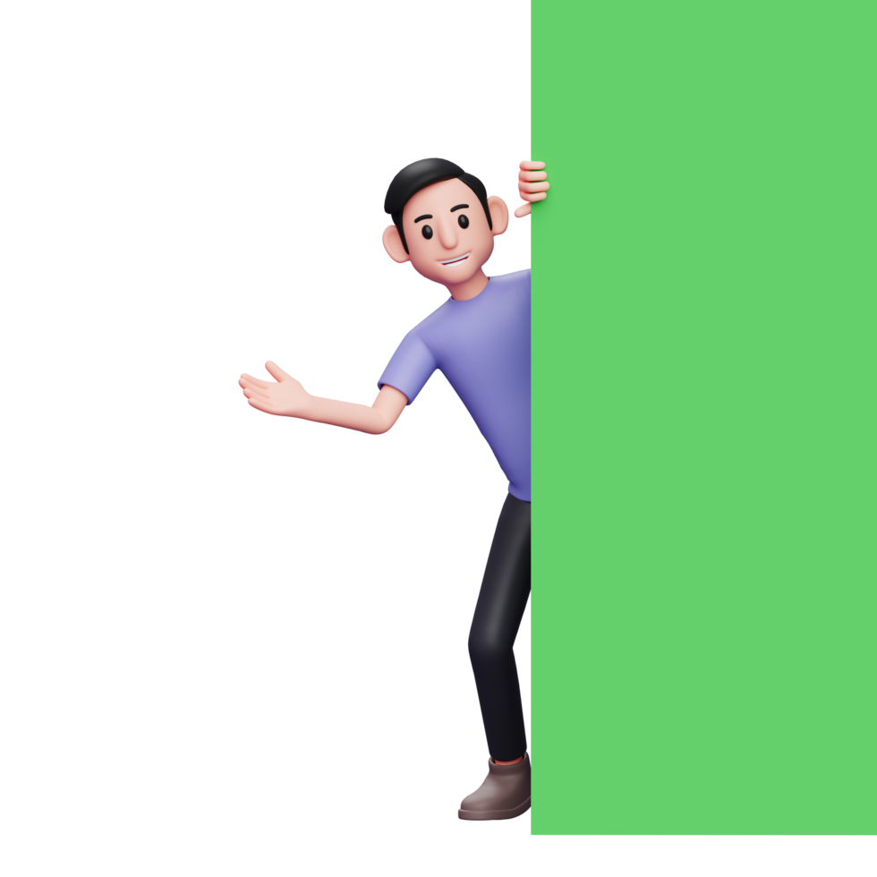 concepto de publicidad, ilustración de personajes en 3d hombre casual mirando, saliendo de detrás de una pancarta de pantalla verde png