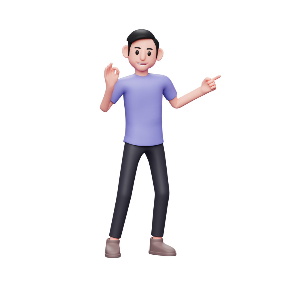 Illustration de personnage 3d d'un homme décontracté pointant le doigt de côté sur l'espace de copie, recommandant quelque chose avec la main gauche et la main droite avec le doigt ok png