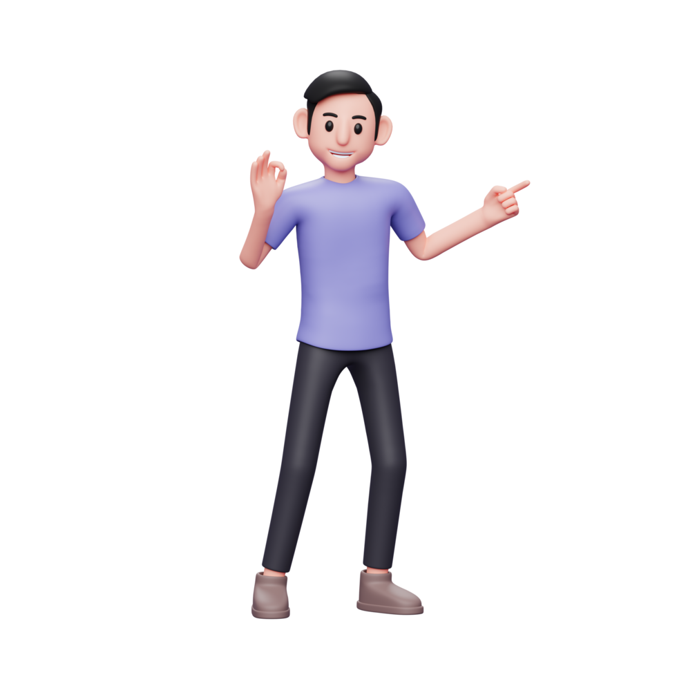 Ilustração de personagem 3D de homem casual apontando o dedo de lado no espaço da cópia, recomendando algo com a mão esquerda e a mão direita com o dedo ok png