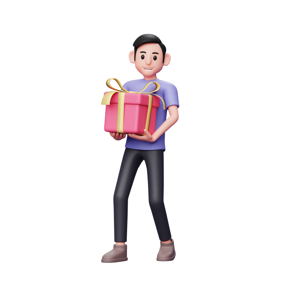 Illustration de personnage 3d homme décontracté portant un gros cadeau de saint valentin à deux mains png