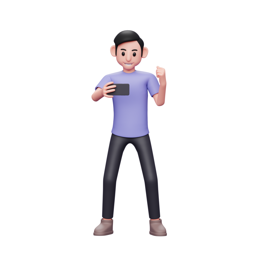 Homem casual de ilustração de personagem 3D segurando e olhando para a tela do telefone enquanto grita feliz comemorando a vitória png