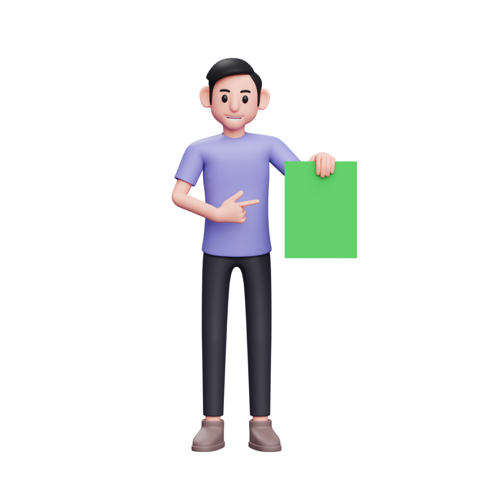 Illustration de personnage 3d homme décontracté tenant un papier vert avec sa main gauche et pointant avec sa main droite png