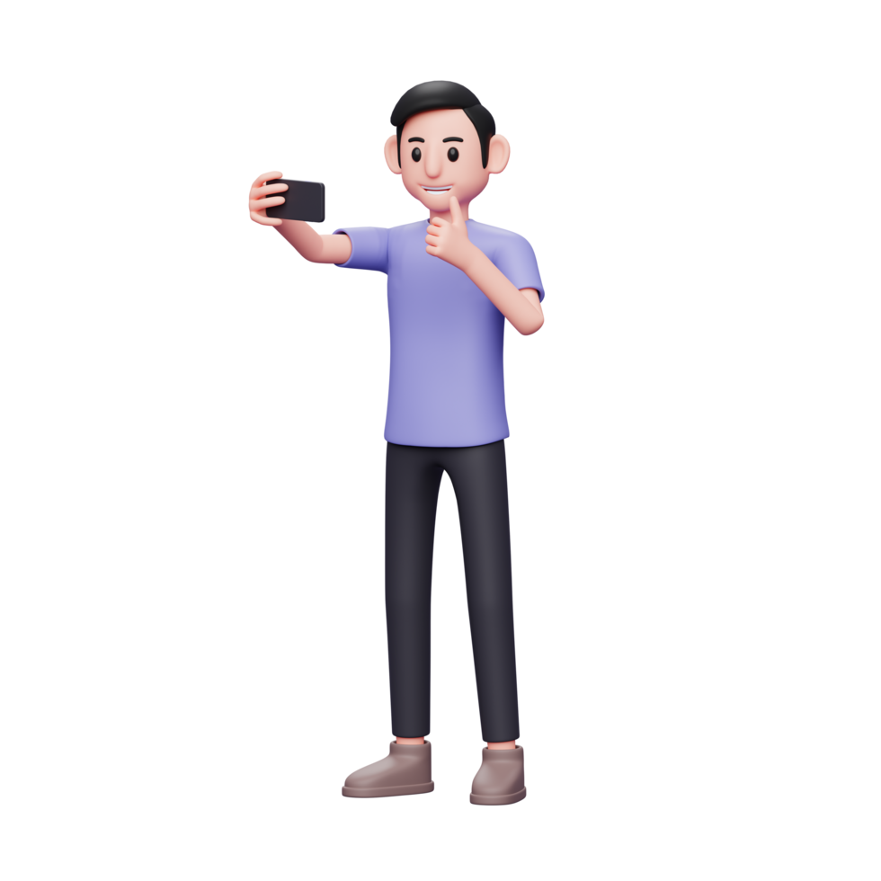 Illustration de personnage 3d homme excité posant prendre un selfie par téléphone portable, filmer une vidéo pour le contenu des médias sociaux avec un pouce vers le haut png