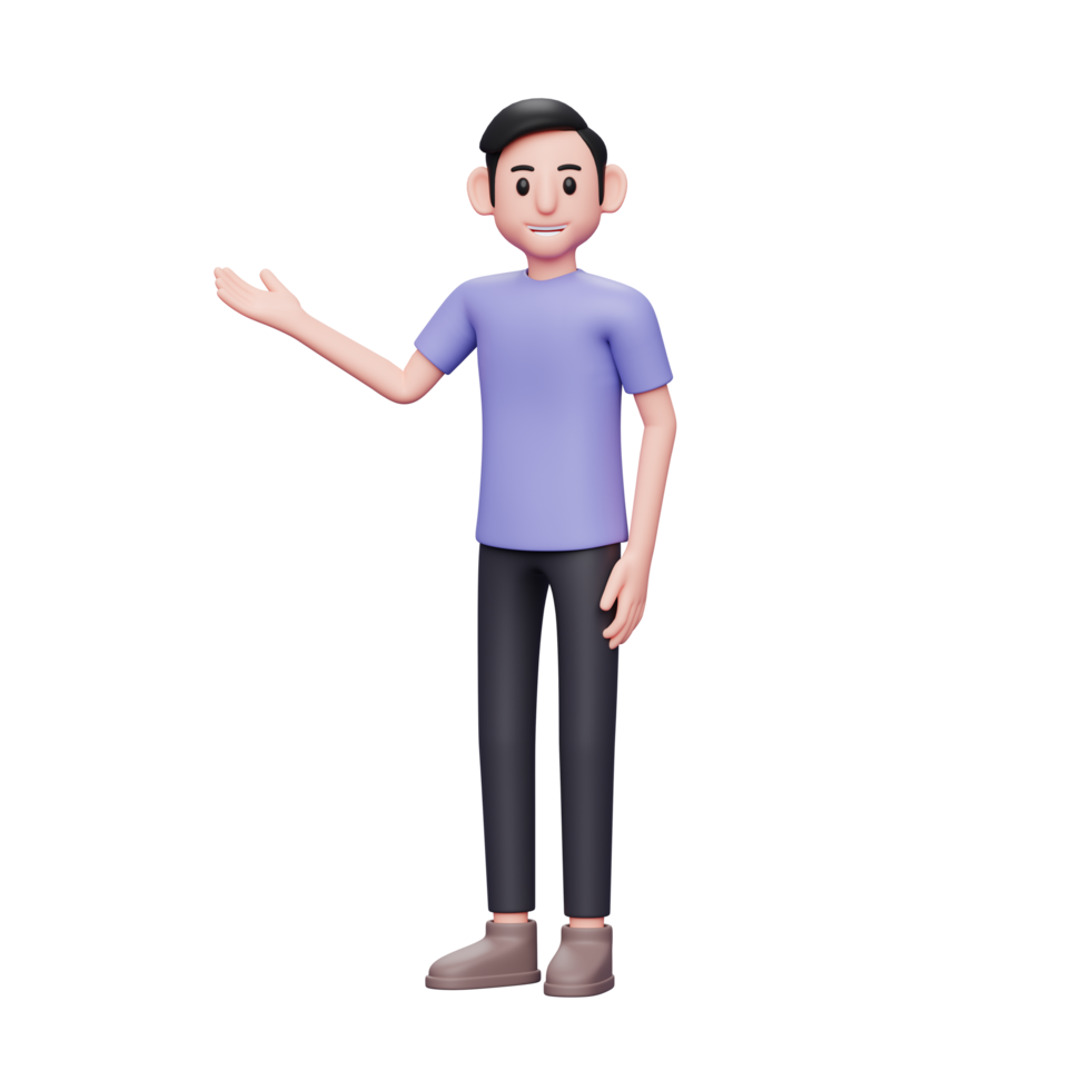 Ilustración de personaje 3d hombre casual que muestra la mano para copiar espacio con la mano derecha o gesto de bienvenida png