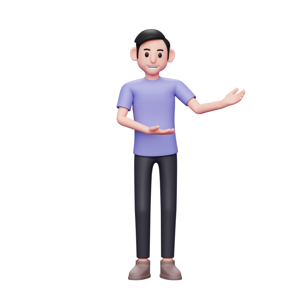 3d personagem ilustração feliz homem casual mostrando a mão para copiar o espaço com as duas mãos, apresentando ou introduzindo algo. anúncio ou conceito de apresentação do produto png