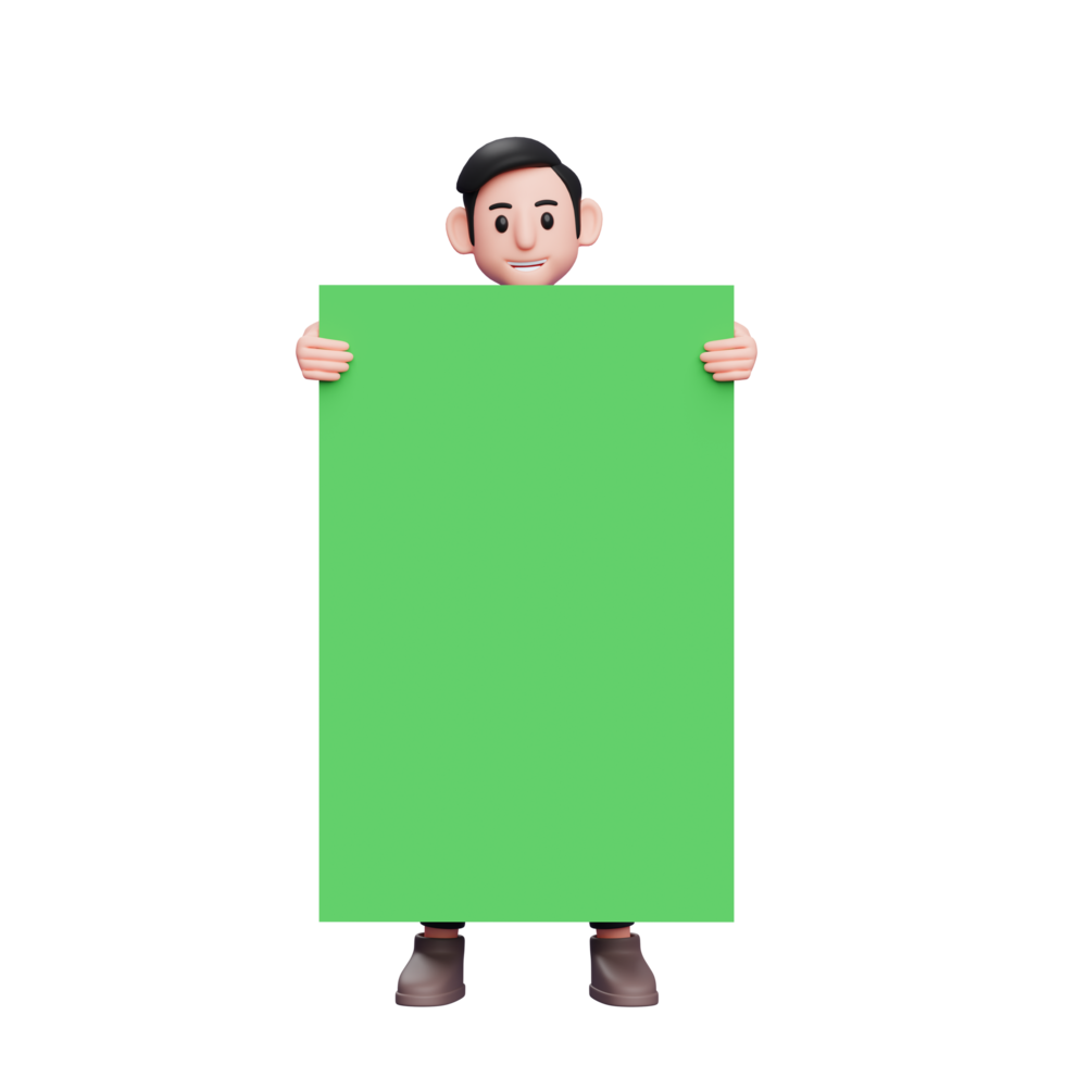 3d Character illustration Casual man peeking behind a big green screen only his head and hands can be seen png