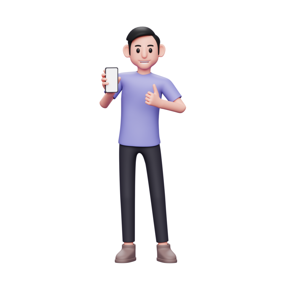 Illustration de personnage 3d homme décontracté tenant et recommandant quelque chose sur l'écran du téléphone avec un pouce levé png