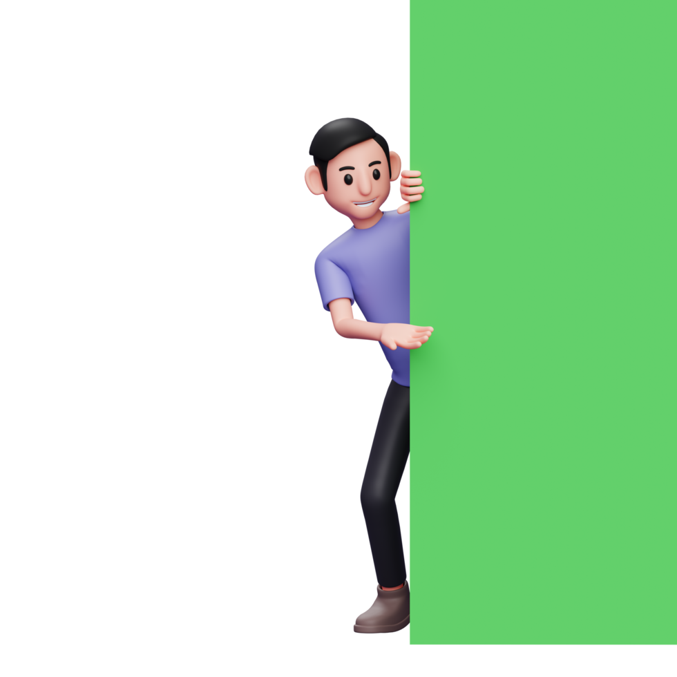 3d Character illustration Casual man peeping, showing something on a roll up green screen banner png