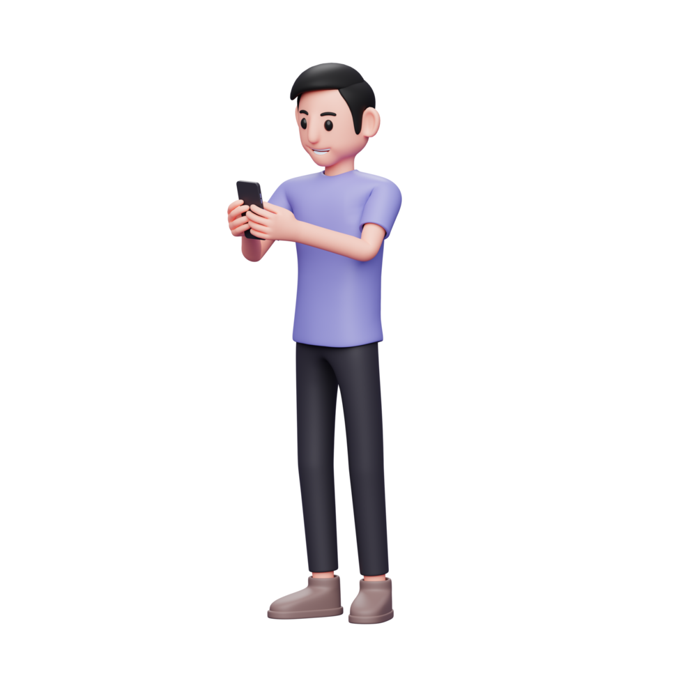 3d personagem ilustração feliz cara casual digitando mensagem no smartphone isolado. homem alegre bonito usando telefone png